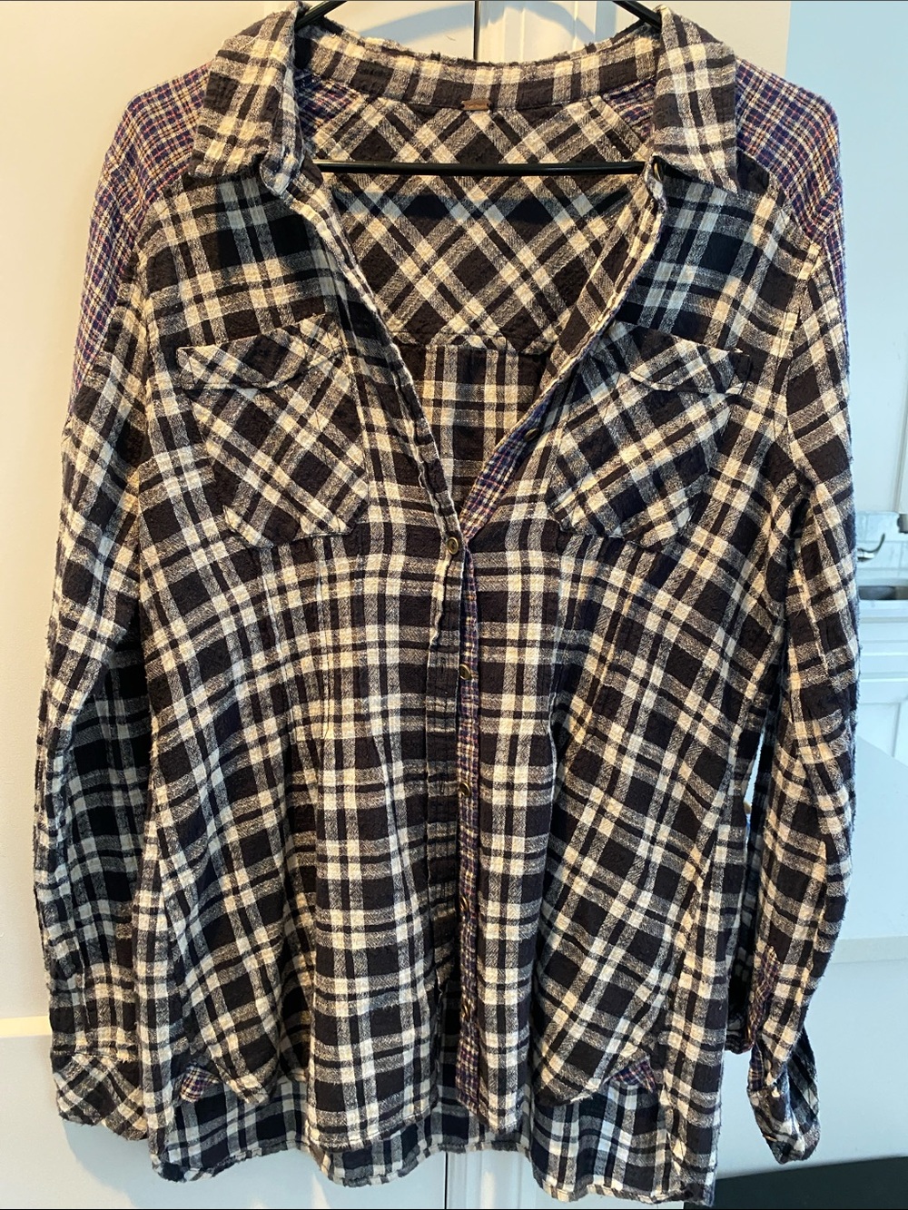 Free People Black and White Plaid Flannel Button-Down Shirt